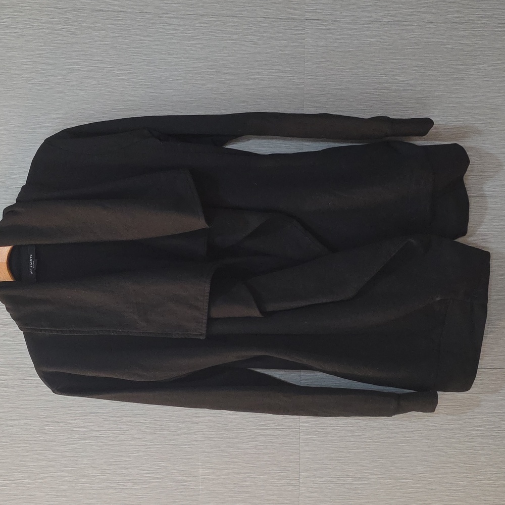 All Saints Delia Shawl Collar Drapey Black Open Front Cardigan